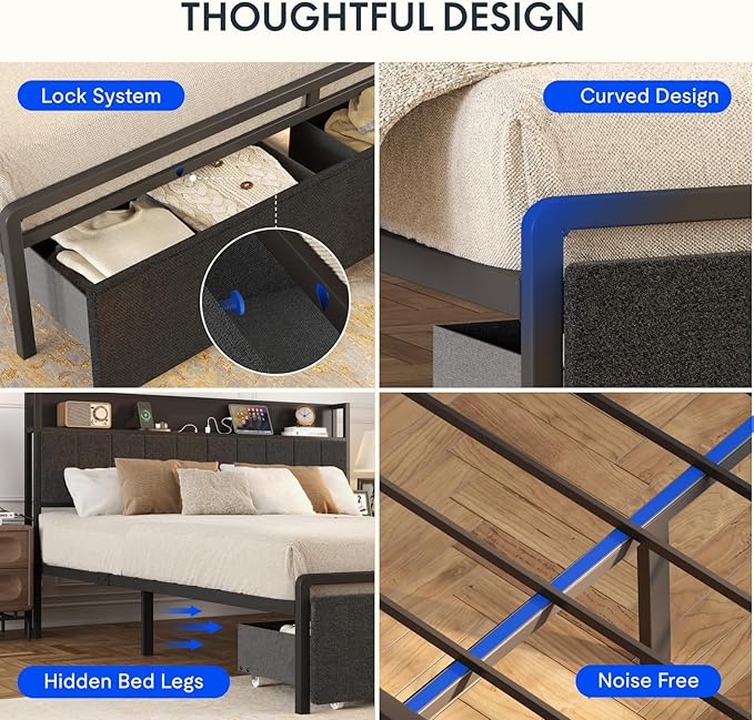 FLEXISPOT BF21Q Adjustable Bed with Storage Headboard and Charging Station, LED Light, Fabric Storage Drawers, Durable and Sturdy, No Box Spring Required, Easy Assembly.