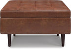 SIMPLIHOME Shay 34 inch Wide Mid Century Modern Small Rectangle Coffee Table Storage Ottoman in Distressed Saddle Brown Vegan Faux Leather, Assembled, For the Living Room, Entryway and Family Room