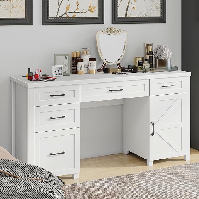 Farmhouse 61'' Executive Desk with 5 Drawers, Rustic Office Desk Computer Desk with Charging Station, File Drawers and Storage Cabinet, Wood Workstation for Study and Home Office,(Cream White.)