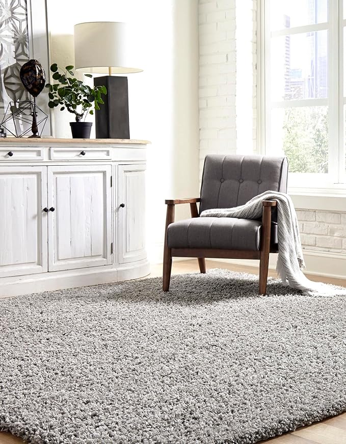 Unique Loom Solid Shag Collection Area Rug (5' 1" Square, Cloud Gray)