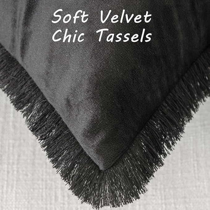 FUTEI Black Velvet Decorative Throw Pillow Covers 12x20 Set of 2,Soft Cozy Edge with Tassels Lumbar Pillow Cases,Boho Modern Home Decor for Couch Bed Living Room
