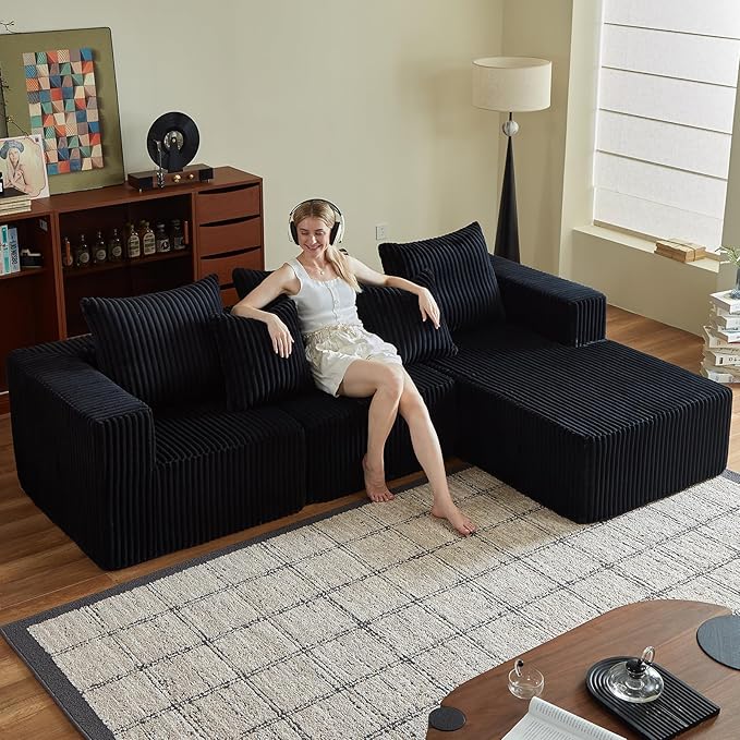 102" Black Couch for Living Room,Boneless Couch No Assembly Required,Comfy Couches with Oversized Chaise,Compressed Sofa for Any Room,Modern Sofa-Corduroy