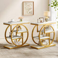 Tribesigns End Table Set of 2, Narrow Faux Marble Side Table with Storage Shelves, 4-Tier Modern Skinny Sofa Side Table with Geometric Metal Frame for Bedroom, Living Room, White & Gold