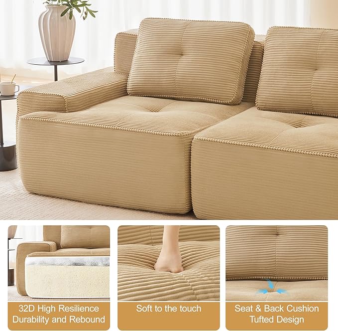 80.3” Camel Boneless Couches for Living Room, Modular Sectional Sofa, 2 Seater Comfy Upholstered Loveseat Deep Seat Corduroy Fabric Cloud Couch No Assembly, Anti-Slip Design