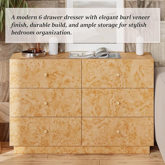 Modern 6 Drawer Dresser with Burl Finish, Wide Wood Chest of Drawers Clothes Organizer, Stylish Large Storage Cabinet for Bedroom or Entryway