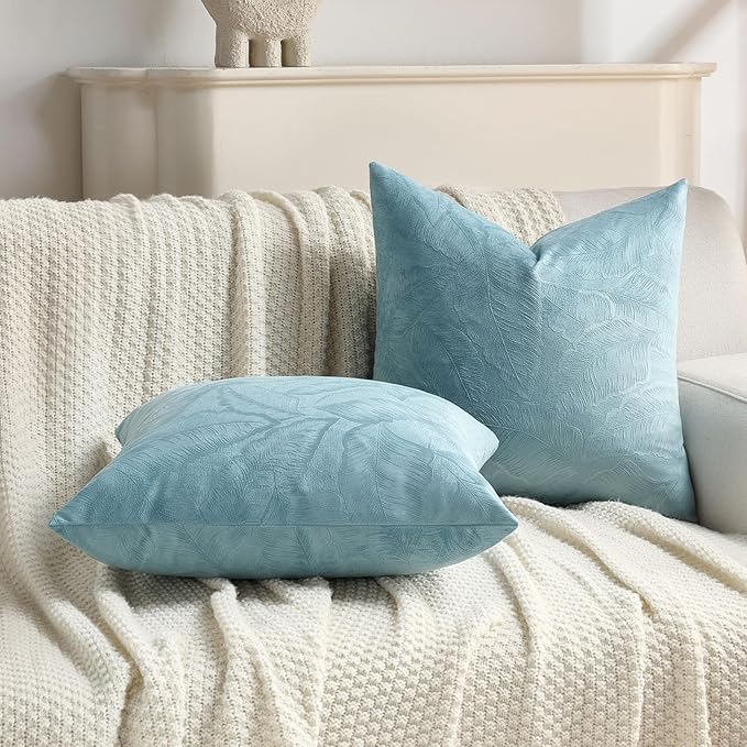 FUTEI Grey Blue Velvet Throw Pillow Covers 16x16 Inch Set of 2,Soft Embossed Leaf-Relief Textured Cushion Cases,Natural Home Decor for Couch Living Room