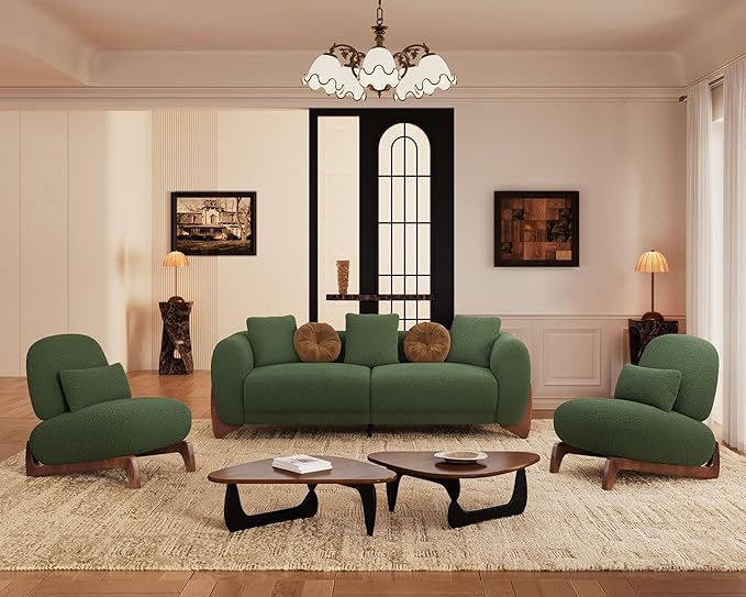 Morden Fort Modern Cloud Couch - 3 Seater Sherpa Boucle Sofa with Wood Legs, Ultra-Thick High Resilience Cushion with 3 Matching Pillows Upholstered Comfy Couch Sofa for Living Room - Forest Green