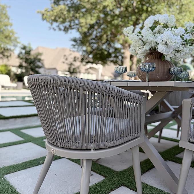 PURPLE LEAF Outdoor Dining Set for 8 All-Weather 9 Piece Patio Aluminium Dining Large Square Table and Rope Weave Chairs Included Cushions for Backyard Deck Indoor Patio Furniture Set Champagne