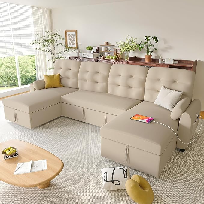 Ucloveria Sleeper Sofa Bed, 112" U Shaped Sectional Sofa Couches for Living Room, Pull Out Couch Bed with Dual Reversible Storage Chaise | Charging Station | Side Pockets | Removable Backrest