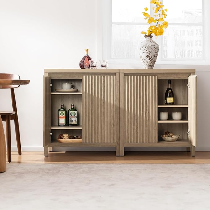 SICOTAS Sideboard Buffet Cabinet with Storage, Fluted Credenza Console Cabinet with Adjustable Shelves, Farmhouse Coffee Bar Storage Cabinets for Kitchen, Living Room, Entryway, Light Oak, 2 PCS