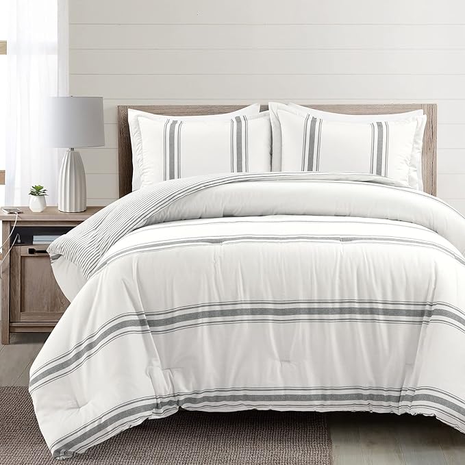 Lush Decor Farmhouse Stripe Reversible Cotton Comforter Set, 3 Piece Set, Full/ Queen, Dark Gray - Cozy Farmhouse Bedding Set - Rustic Decor - Striped Comforter - Modern Farmhouse Bedroom Decor