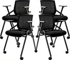 4 Pack Stackable Conference Room Chairs with Paddle Folding Office Chair Foldable Desk Chair Mesh Back and Arms for Conference Meeting Guest Reception Home Office Training Room Chair Black