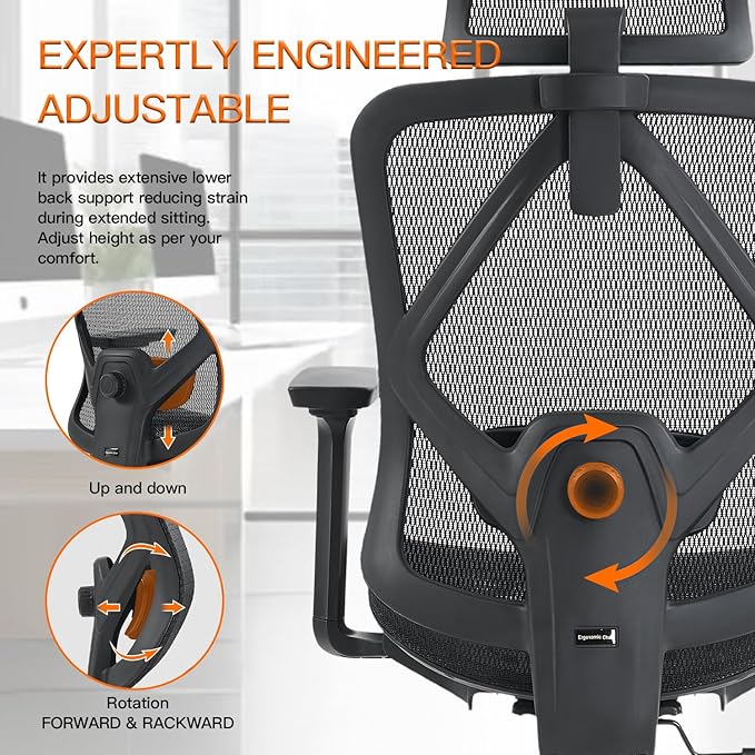 Ergonomic Office Chair with Lumbar Support, 3D Adjustable Armrest, Mesh Home Office Desk Chairs, Swivel Computer Chair, High Back Reclining Executive Office Chair,400lbs Capacity (Black)