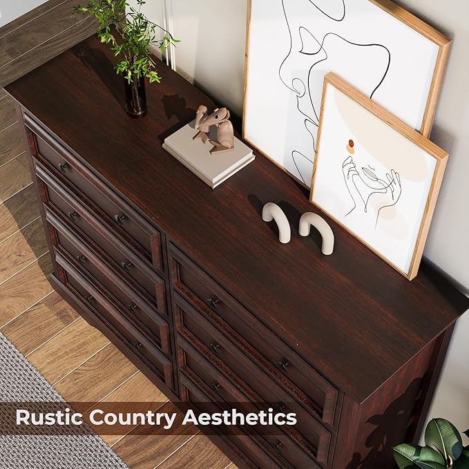 Farmhouse 8 Drawer Dresser for Bedroom, 54" Wide Wood Dresser with Natural Texture, Vintage Metal Double Hand Knobs, Rustic Chest of Drawers for Bedroom, Living Room, Hallway, Cherry