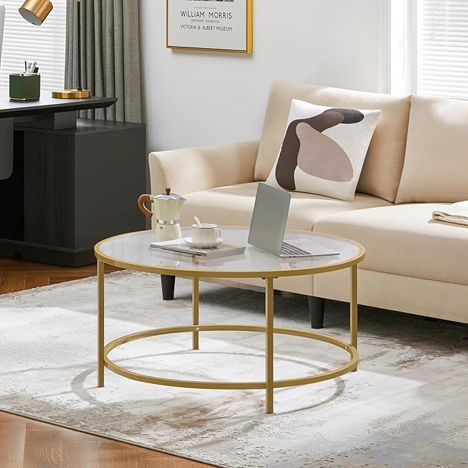 Yaheetech Gold Glass Coffee Table for Living Room, 36" Round Glass Coffee Table with Metal Frame, Circle Coffee Table for Home, Office, Apartment
