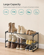 SONGMICS Shoe Rack, 2-Tier Shoe Organizer, Metal Storage Shelf, Upright or Upside Down, for 6-9 Pairs, Stackable, for Entryway, 11.8 x 26.8 x 13.2 Inches, Black ULSA202B01