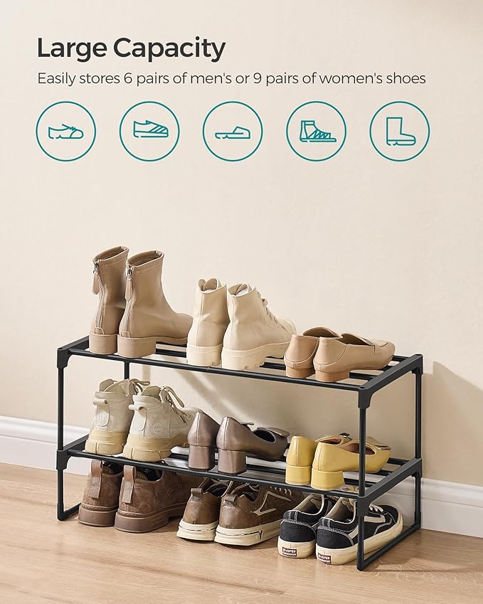 SONGMICS Shoe Rack, 2-Tier Shoe Organizer, Metal Storage Shelf, Upright or Upside Down, for 6-9 Pairs, Stackable, for Entryway, 11.8 x 26.8 x 13.2 Inches, Black ULSA202B01