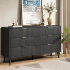 CARPETNAL Fluted 6 Drawer Dresser for Bedroom, 55" Wide Wooden Chest of Drawers with Rounded Corners, Gold Handles, Modern Storage Organizer for Bedroom, Hallway(Black)