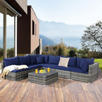 Tangkula 7 Pieces Patio Rattan Furniture Set, Patiojoy Outdoor Conversation Set with Cushions and Tempered Glass Coffee Table, All-Weather Sectional Sofa Set for Garden, Lawn, Backyard (Navy Blue)