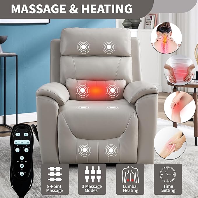 PELUMY Power Lift Recliner Chair for Elderly with Massage and Heat, Dual Motor Heavy Duty 350lbs Recliner, 8-Point Vibration & Lumbar Heating, Electric Lift Chair (Breathable Leather, Light Grey)