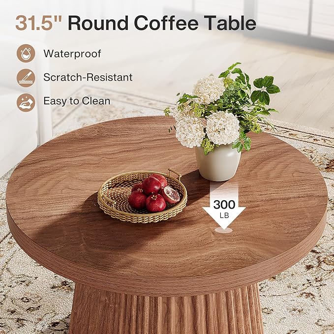 Tribesigns Coffee Table, 31.5" Small Farmhouse Round Coffee Tables with Fluted Drum Base, Mid Century Modern Farmhouse Accent Center Table for Living Room, Apartment, Small Space, Walnut