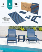 SERWALL Patio Chaise Lounge Chair Set of 6, 5 Positions Adjustable Poly Outdoor Lounger for Pool, HDPE Lounge Chair with Rolling Wheels & Cup Holder for Poolside, Deck, Blue