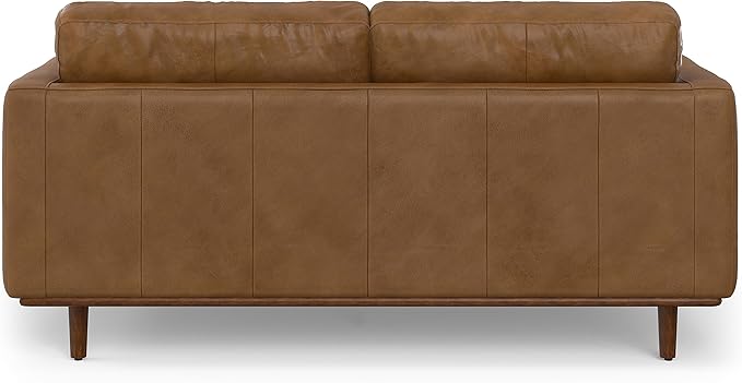SIMPLIHOME Morrison Mid-Century Modern 72 inch Wide Sofa with Ottoman Set in Caramel Brown Genuine Leather for the Living Room and Family Room