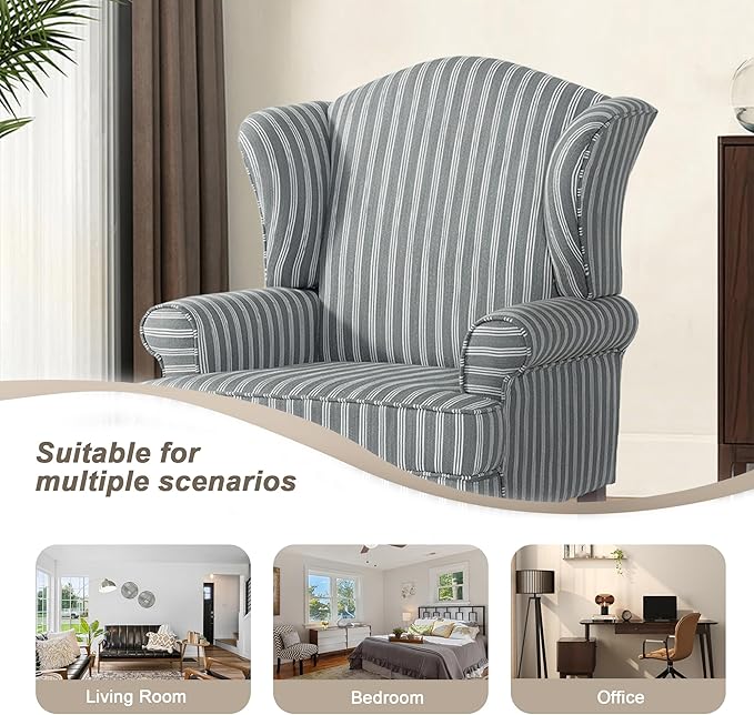 Pia Ricco Stripe High Back Floral Accent Chair, Upholstered Fabric Armchair with Solid Wood Legs - Retro Living Room Reading Chair, Comfortable Single Sofa Seat-Gray