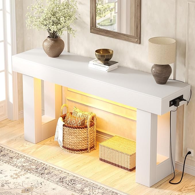 Unikito 63'' Farmhouse Console Table with Power Outlets and Sensor Light, Wooden Entryway Table with Storage, Rectangular Sofa Tables Behind The Couch for Entrance, Hallway, Living Room, White