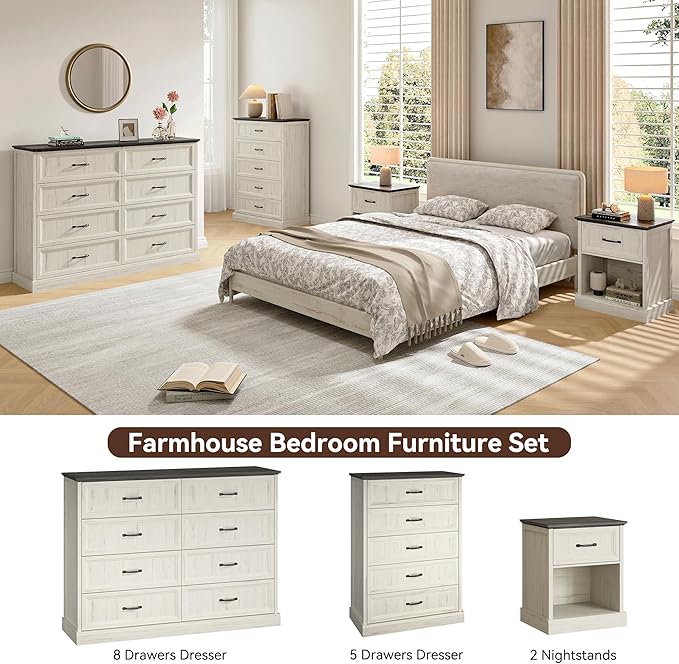 Farmhouse Dresser and Nightstand Sets, 4Pcs Bedroom Furniture Set, Nightstand Set of 2 & 55" Wide 8 Drawer and 44" Tall 5 Drawer Dresser with Large Drawers & Bar Handles, White