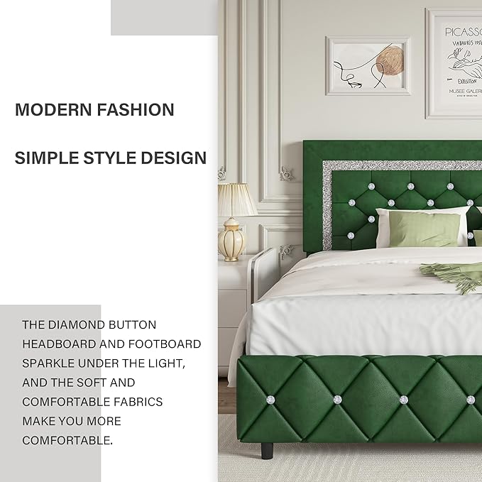 BarnFurin Twin Bed Frames with Headboard, Upholstered Bed with Diamond Tufted Design, Modern Platform Bed with Wooden Slats Support, No Box Spring Required, Easy Assembly, Green