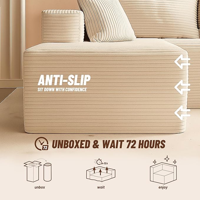 138" Boneless Couch with Deep Seat, Modular Sectional Sofa, Cloud Sectional Couch for Living Room, No Assembly Required, Corduroy, U-Shape 4 Seater Left, Camel