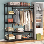 LITTLE TREE Free Standing Wood Closet Clothes Rack,Heavy Duty Grament Rack with Shelves,Hanging Racks for Clothes Clothing Rack for Bedrom,Wardrobe Closet Organizer,350 lb Capacity,Black