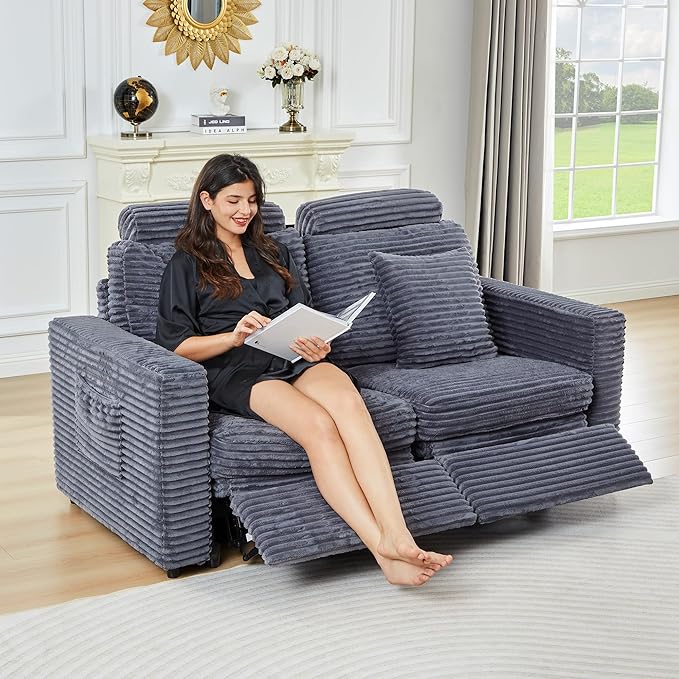 Power Reclining Sectional Sofa, Electric Loveseat Recliner with 2 Electric Footrest and Adjustable Headrest, Modern Plush Corduroy Fluffy Reclining Sectional with Deep Seat for Living Room-Blue Grey