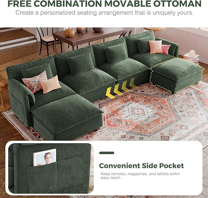 ELUCHANG 116" U Shaped Modular Sectional Cloud Couch with Pillow, Deep Seat Sofa Couches for Living Room, 5-Seat Modern Sofa with Movable Ottoman, Chenille Olive Green