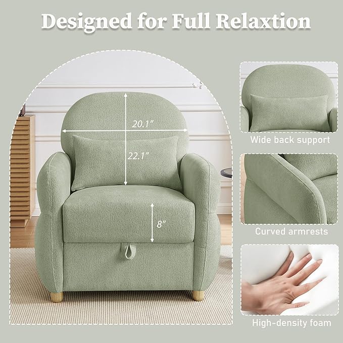 Modern Accent Chairs for Living Room, Comfy Chenille Armchairs with Storage, 33.5" W Single Reading Chairs for Bedroom, Study Room, Apartment, Tool Free Assembly, Sage Green