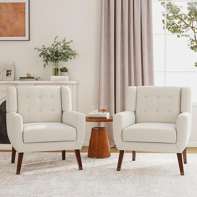 Accent Chairs Set of 2, Modern Fabric Armchairs for Living Room, Comfy Upholstered Arm Chairs Tufted for Indoor Bedroom Office Room (White)