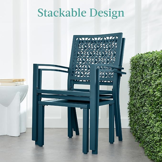 Best Choice Products 3-Piece Outdoor Bistro Set, Stackable Modern Steel Furniture for Porch, Garden w/ 2 Chairs, Table, Geometric Decor - Peacock Blue