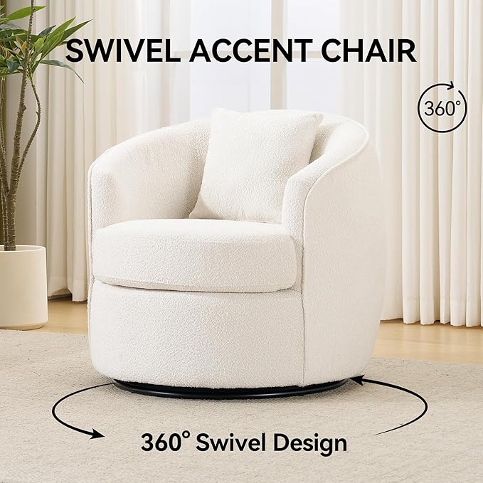 Swivel Accent Chair, Modern Upholstered Boucle Barrel Arm Chairs with Pillow for Living Room, 360 Degree Round Swivel Sherpa Armchair with Round Base for Bedroom Club (1, Cream)