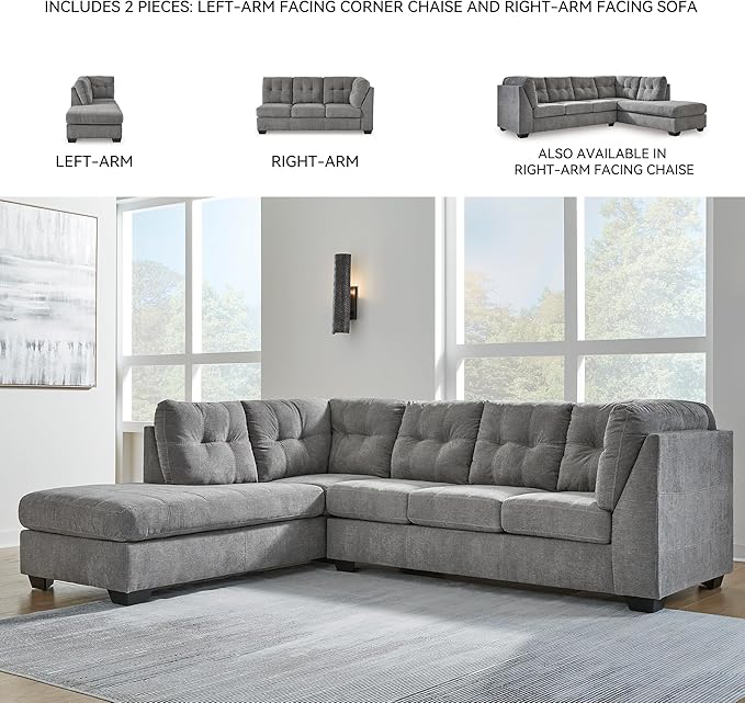 Signature Design by Ashley Marleton Contemporary Left-Arm Facing Tufted 2-Piece Sectional with Chaise and Loose Seat Cushions, Light Gray