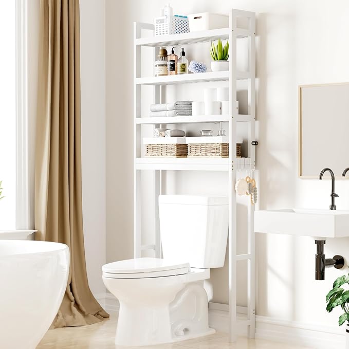 Smiry Over The Toilet Storage Cabinet, 4-Tier Bamboo Bathroom Organizers with Adjustable Shelf & 4 Hooks, Space Saving Shelf Rack for Bathrooms, Laundry Room, Balcony, White