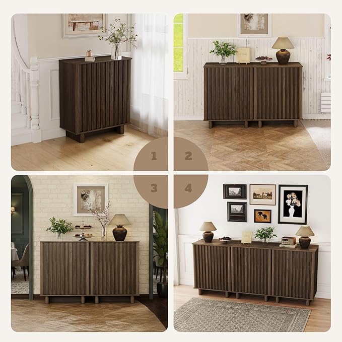 LukeAlon Fluted Sideboard Cabinet with Storage, Mid-Century Modern Accent Buffet Cabinet, 31.5" Height Wooden Small Credenza Cabinets for Living Room Dining Room Entryway Hallway, Walnut Color