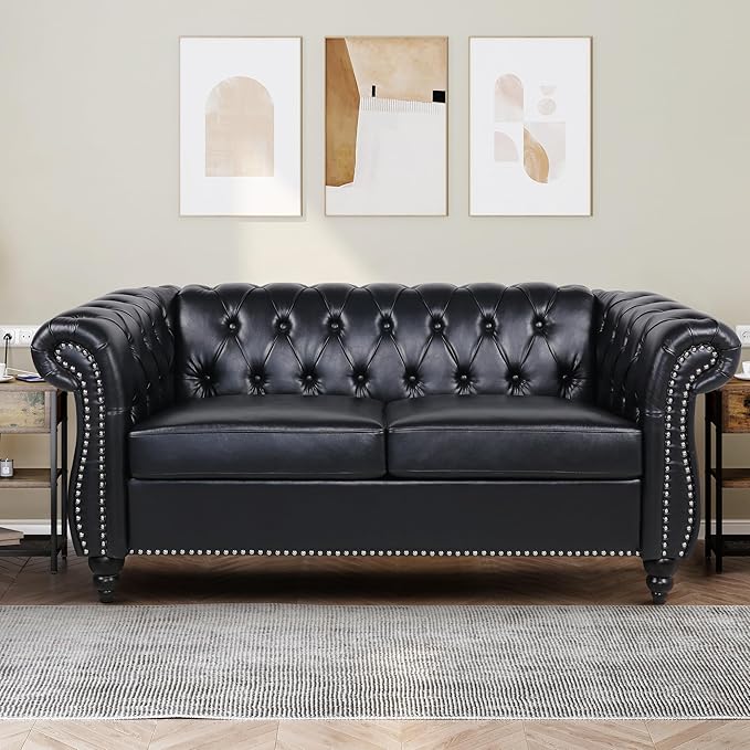 Loveseat Sofa Couch, Modern PU Leather Upholstered Sofa, Oversized Comfy 2 Seater Love Seat Couch with Cushions, Mid Century Tufted Chesterfield Sofa for Living Room, Bedroom, Apartment (Black)