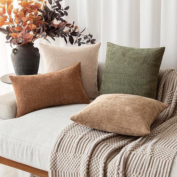 Foindtower Set of 2 Soft Textured Chenille Throw Decorative Pillow Covers Square Accent Solid Cushion Cover Cozy Neutral Farmhouse Pillow Case for Couch Sofa Bedroom Living Room 26x26 Inch,Cream Camel