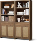 Hampstead Bookcase, Rattan Bookcase with Doors Cabinet and Drawer, 5-Tier Bookshelf, Large Wooden Book Case, Tall Bookshelves for Library Living Room (Special Walnut, 2 Pieces)