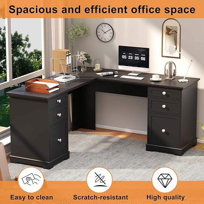 L Shaped Exective Desk with Drawers and File Drawers: 60" Country Vintage Desk for Home Office, Gaming Computer Desks with Storages(Black)