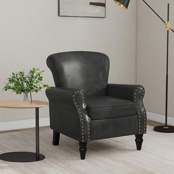 Accent Chair, Mid Century Modern Faux Leather Arm Chair with Wood Leg for Living Room, Bedroom, Comfy PU Leather Club Reading Chairs with Wingback & Nailhead Trim (Leather Black Grey, Set of 2)