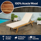 JONATHAN Y LNG1000A Mallorca 77.56"x23.62" Modern Classic Adjustable Acacia Wood Chaise Outdoor Lounge Chair with Cushion & Wheels Coastal, Bohemian, Minimalist, Traditional, White/Natural