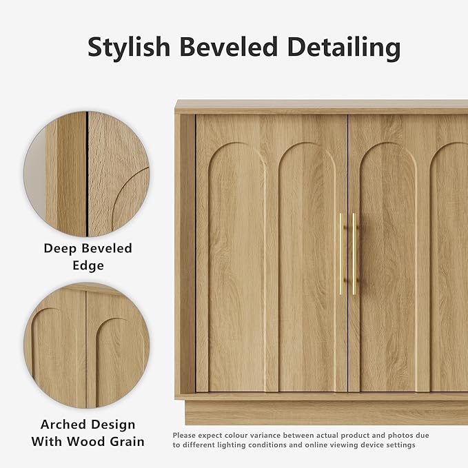 Sideboard Buffet Cabinet with Storage, Modern Accent Cabinet with Arched Doors, Boho Modular Media Console, 67" Large Minimalist Credenza for Living Room Kitchen Dining Room Entryway, Oak
