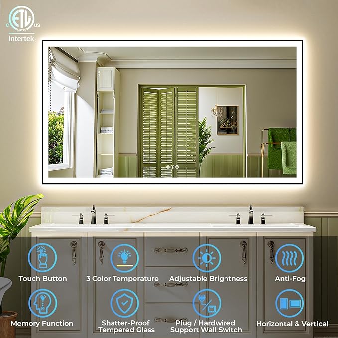66x36 Inch LED Bathroom Mirror with Lights (Front Lit and Backlit) Black Framed Lighted Vanity Mirror for Bathroom Wall Dimmable Anti-Fog Memory Tempered Glass Horizontal/Vertical